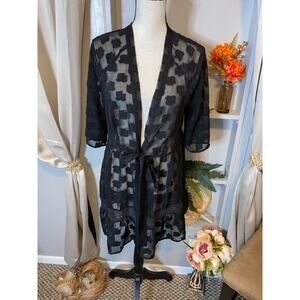 Tea Rose size Small Tie Waist Black Sheer Textured Coverup Kimono GUC